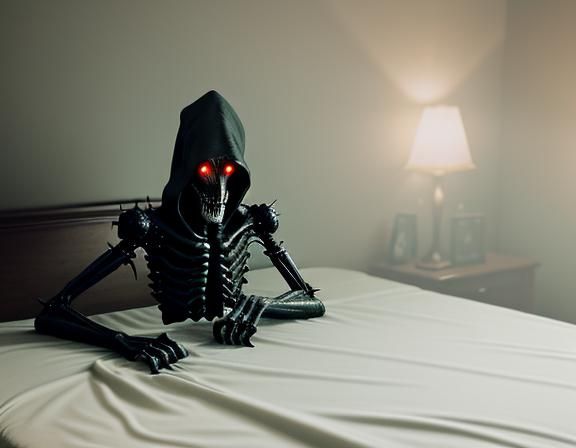 Creepy Cartoon Villain in Dimly Lit Bedroom