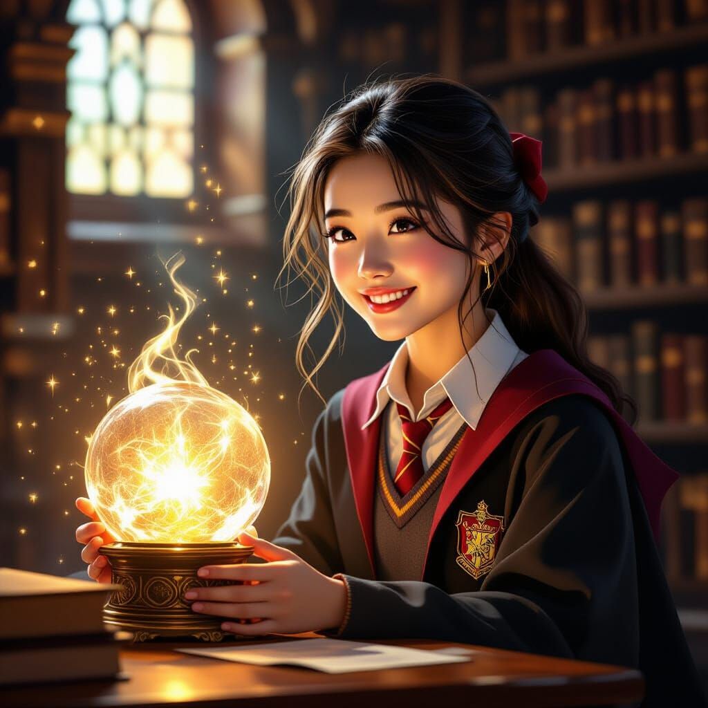 Asian Woman Smiles at Harry Potter by Magical Artifact