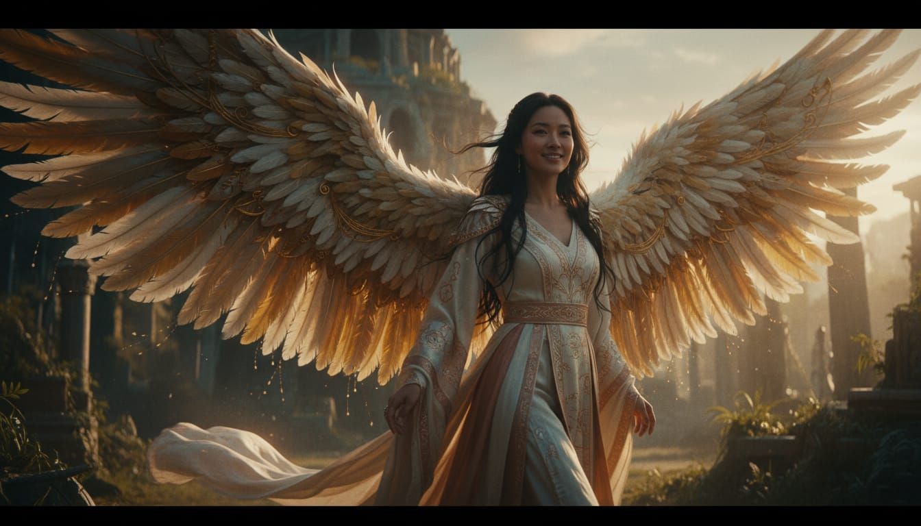 Beautiful Woman With Feathered Wings, Cinematic Film Still