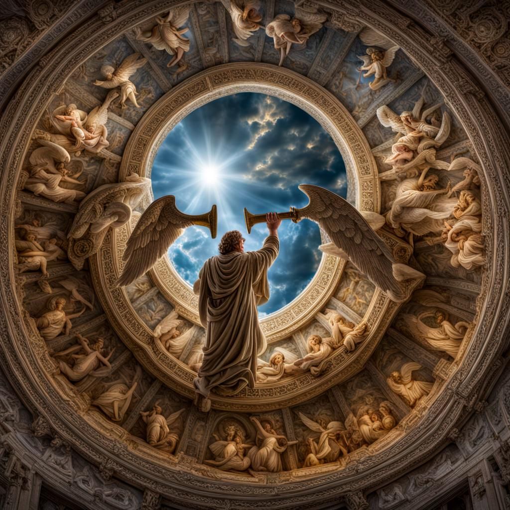 Angels in Heaven Sounding Shofar in Hyperrealism
