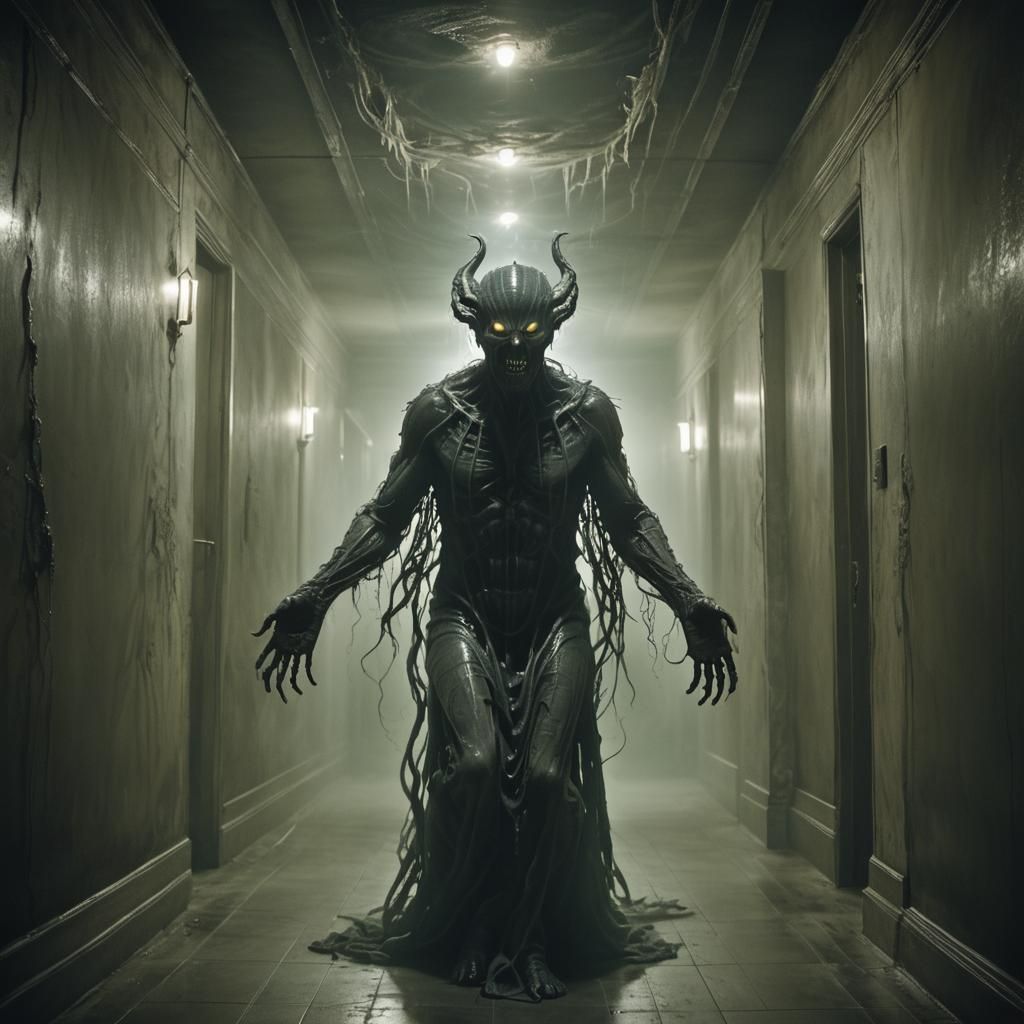 Ethereal Demon Haunting Decaying House in Gothic Horror