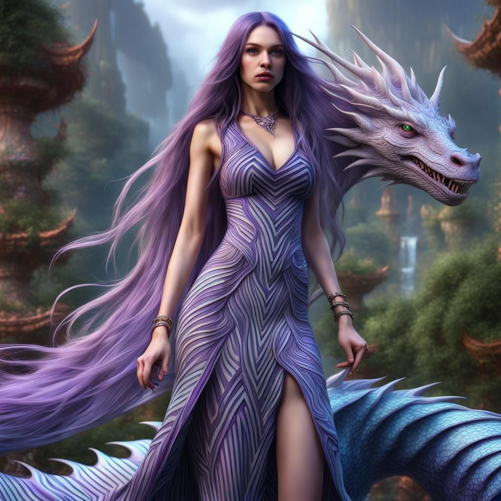 Girl and Dragon in Fantasy Hanging Garden