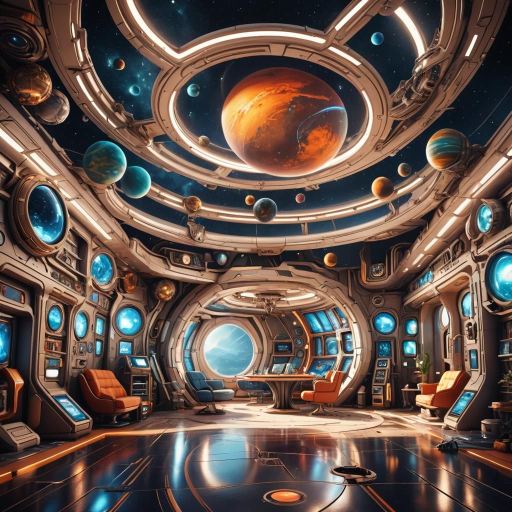 Futuristic Spaceship Interior Orbiting Whimsical Planets: 3D...