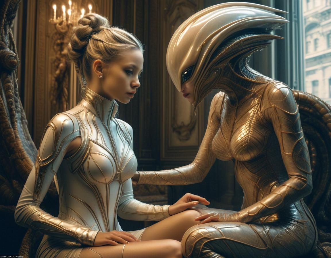 Surreal Urban Oasis with Timeless Elegance and Exotic Beings