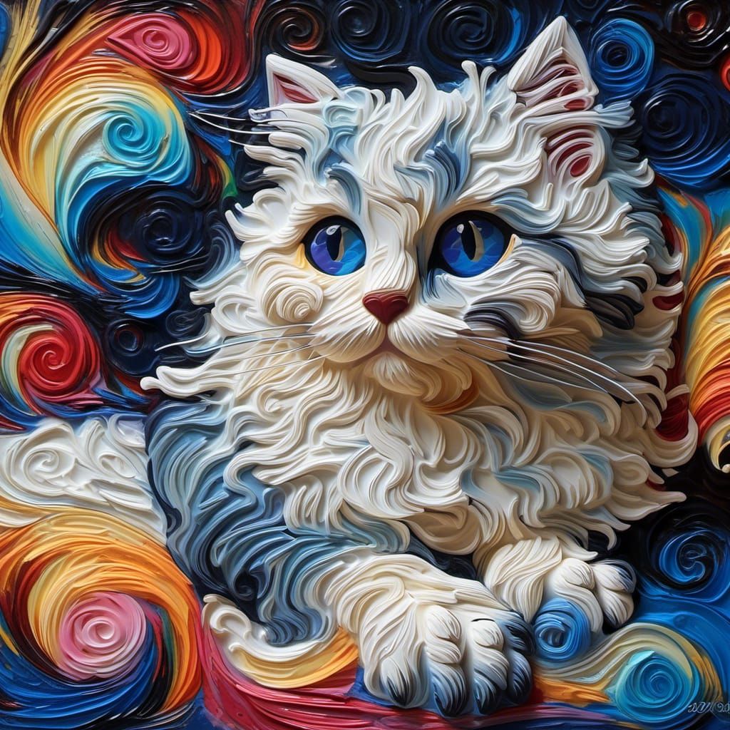 Cute Cat Impasto Painting with Multicolor Fur
