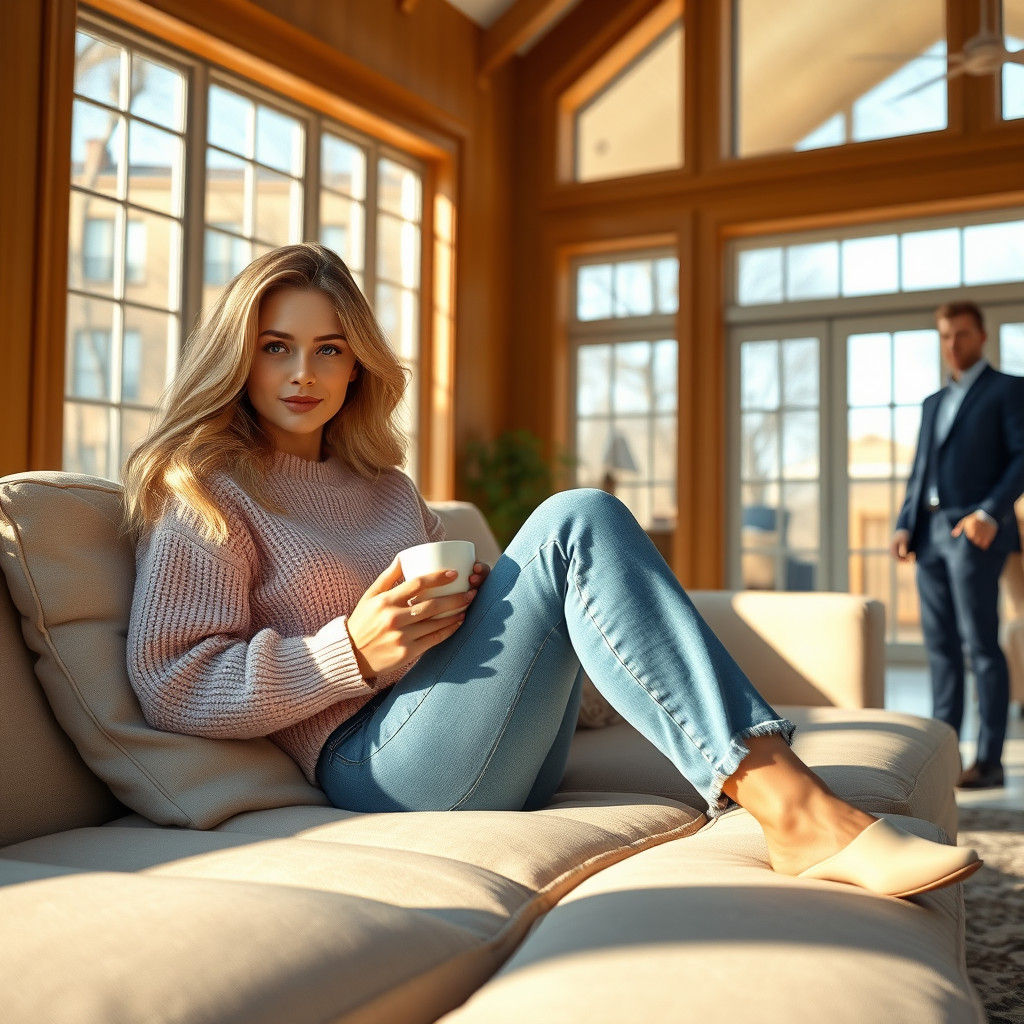 Woman in Sunny Living Room, Hyper-Realistic Style