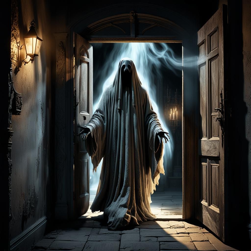 Ethereal Ghost Waving at Door in Dark Fantasy Style