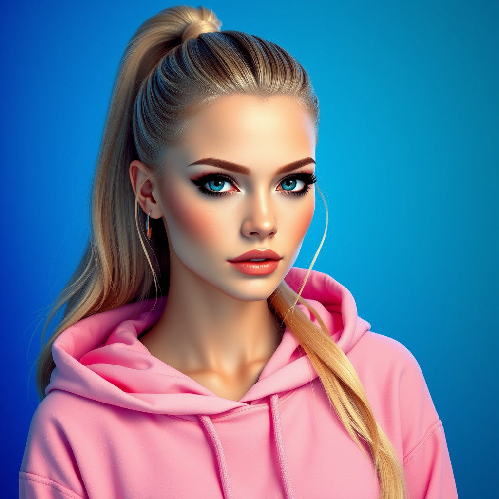 Blonde Woman with Pink Hoodie in Fantasy Style