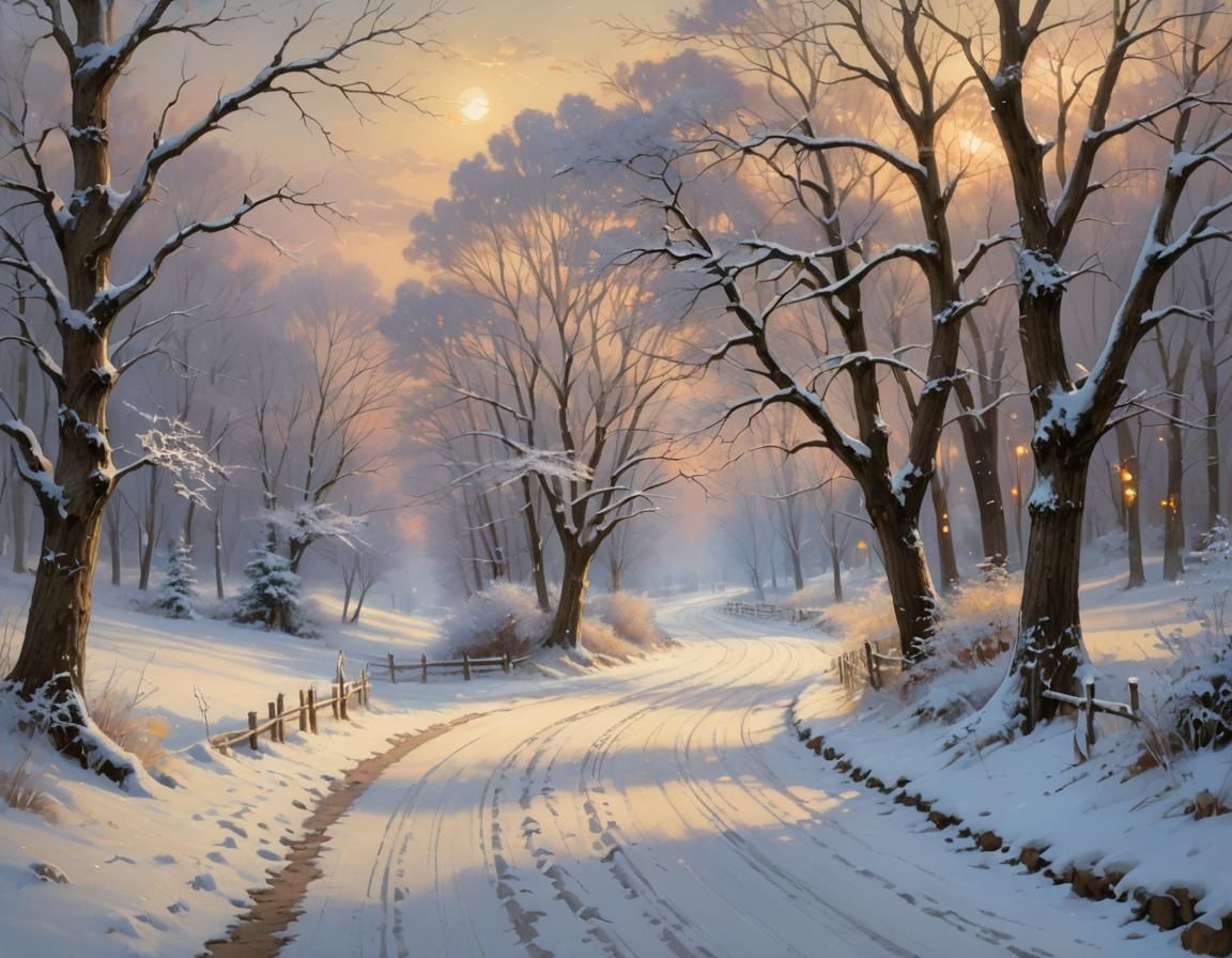 Snowy Winter Wonderland Landscape in Poster Art Style