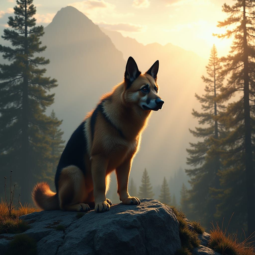 German Shepherd Panda Hybrid on Mountain Summit