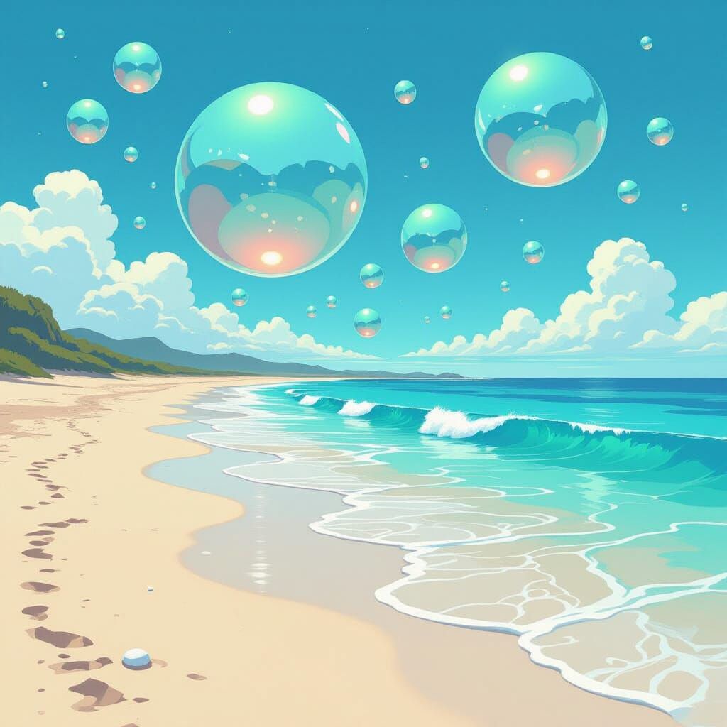Beach with Translucent Spheres in Hand-Drawn Style