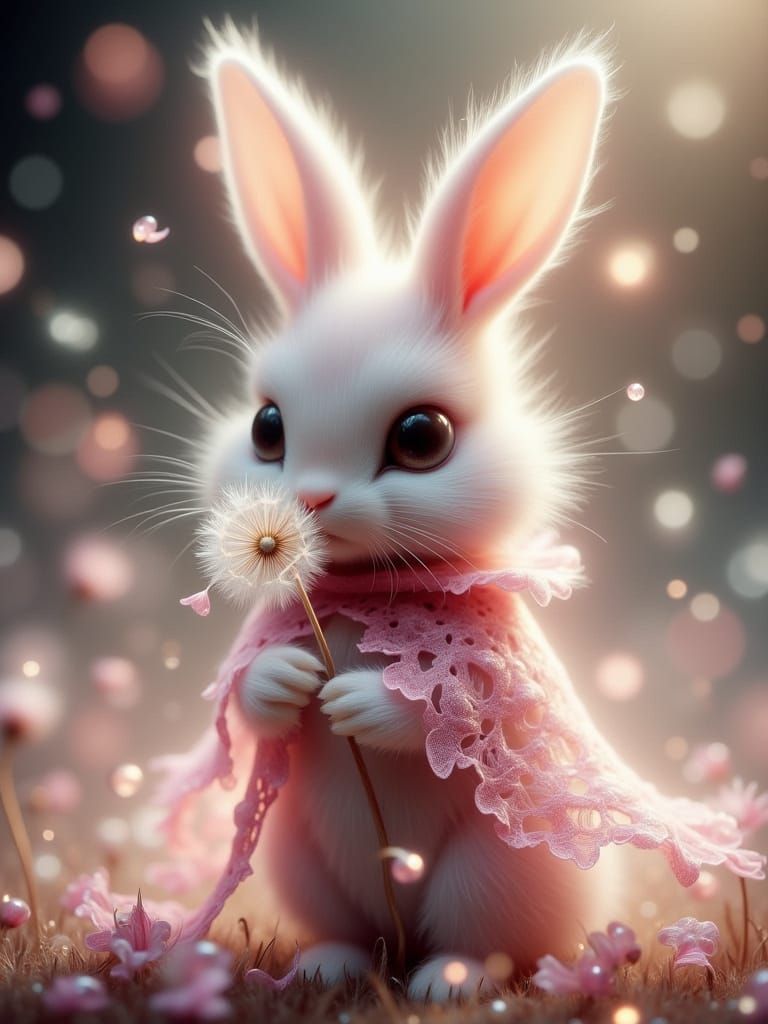 Pink Rabbit Gently Blowing Dandelion Seeds