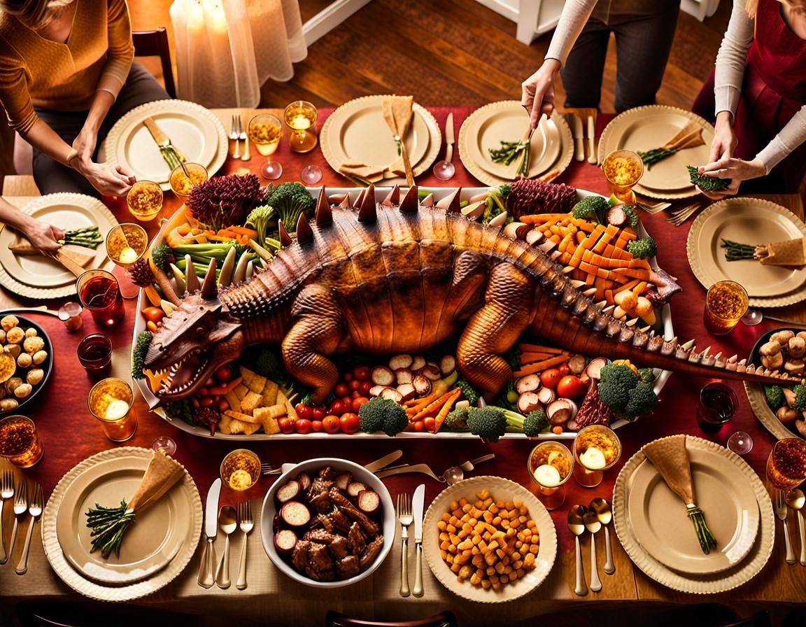Family Dinner Party Featuring Roasted Stegosaurus