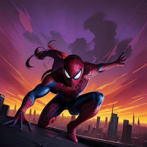 Spiderman Swings Through Sunset Cityscape in Comic Style