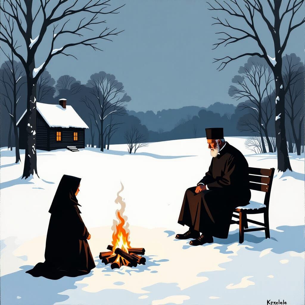 Black Priest Tending Firewood in Winter Oil Painting