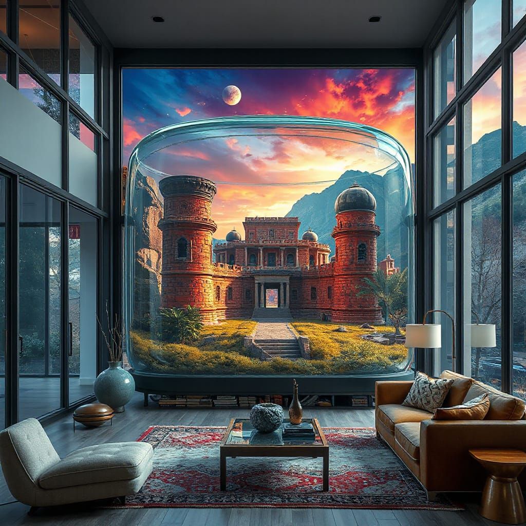 Ancient Civilization in Glass Container, Surrealist Architec...