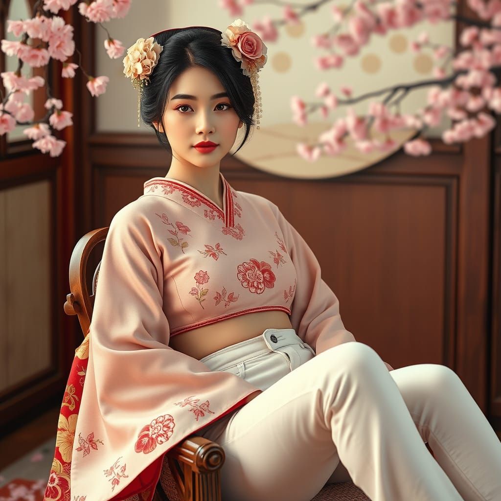 Geisha in Jeans: Photorealistic Portrait with Cherry Blossom...