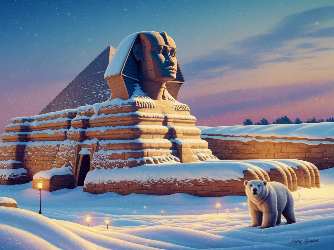 Snowy Giza Sphinx with Polar Bear: Kinkade Style