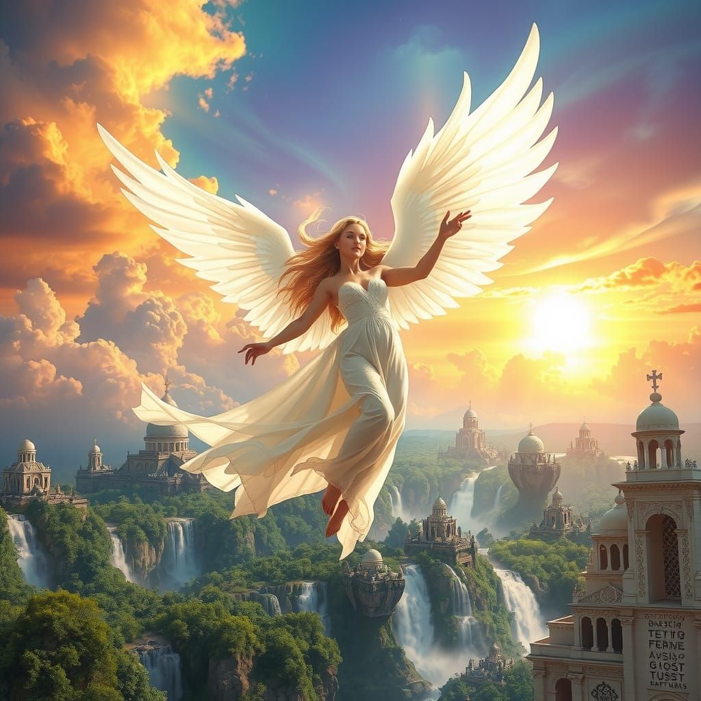 Golden Sylph with Angel Wings in Rainbow Sky