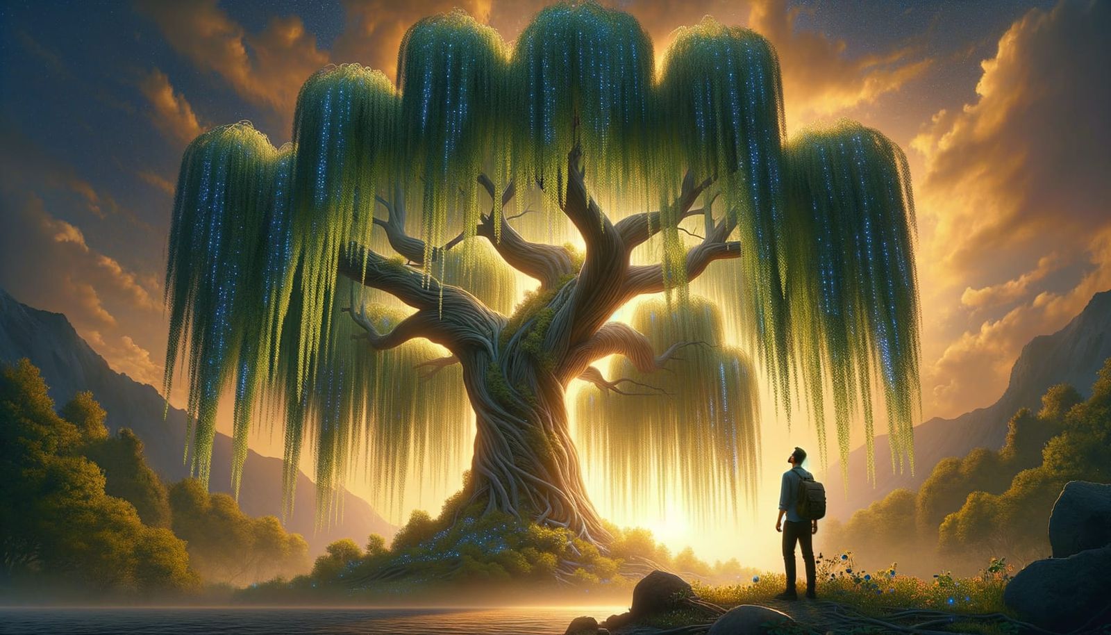 Hyperrealistic Giant Willow Tree and Man
