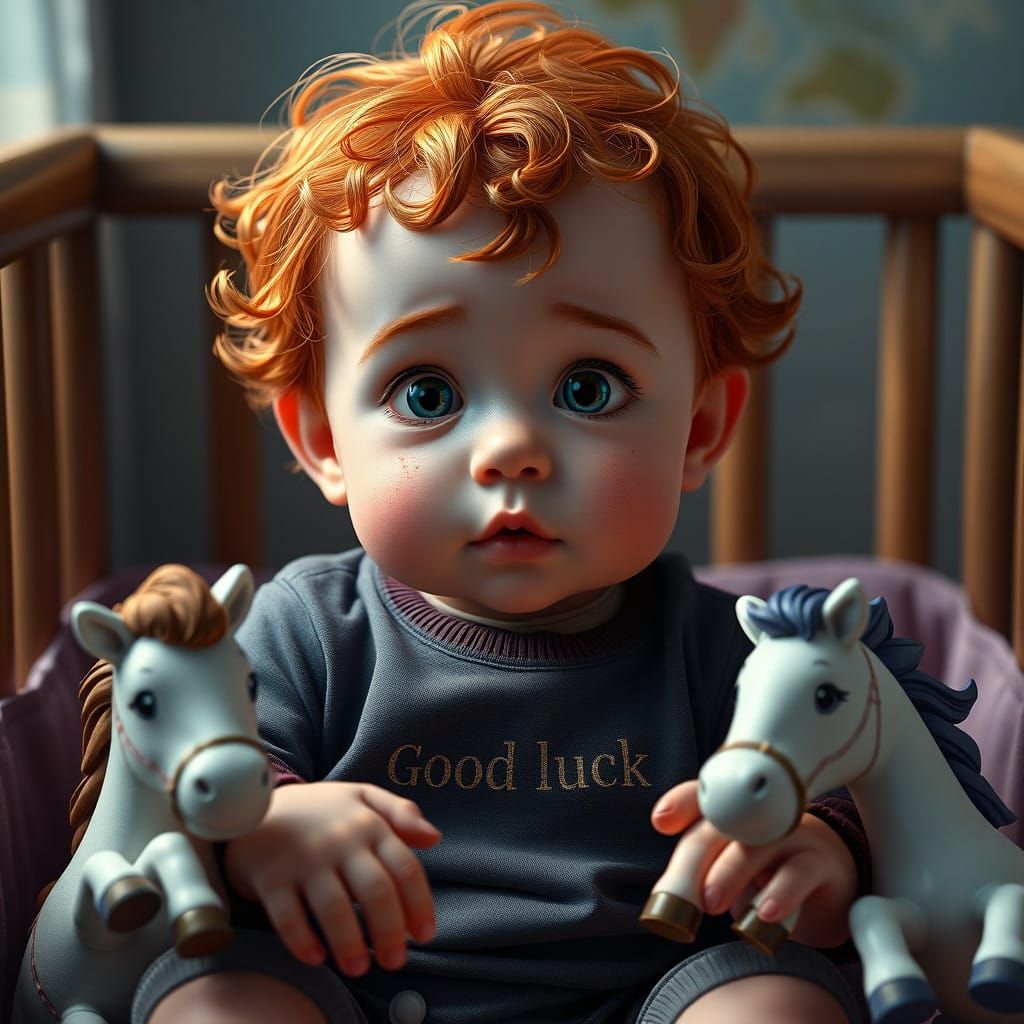 Charming Baby Boy Sits Among Fantasy Horses in Detailed Matt...