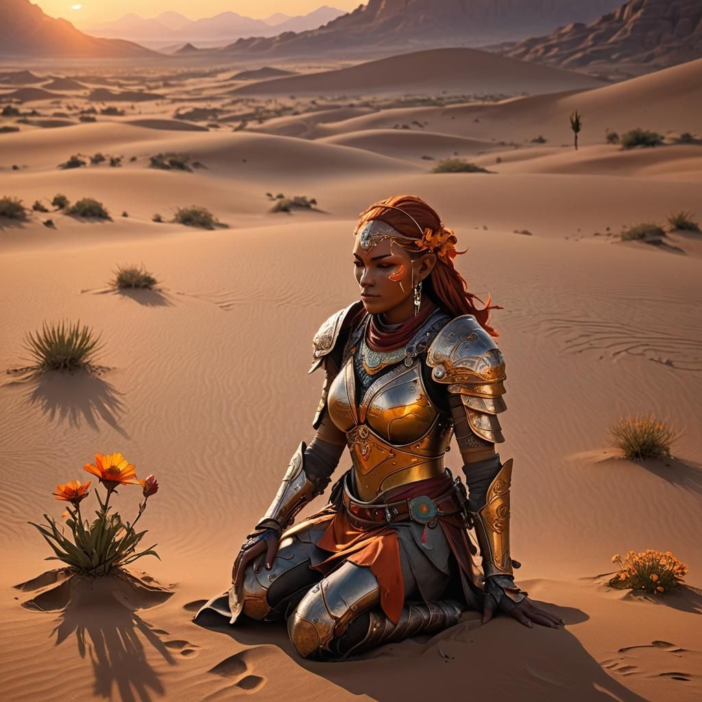 Gerudo Warrior Protects Desert Flower in Arid Landscape