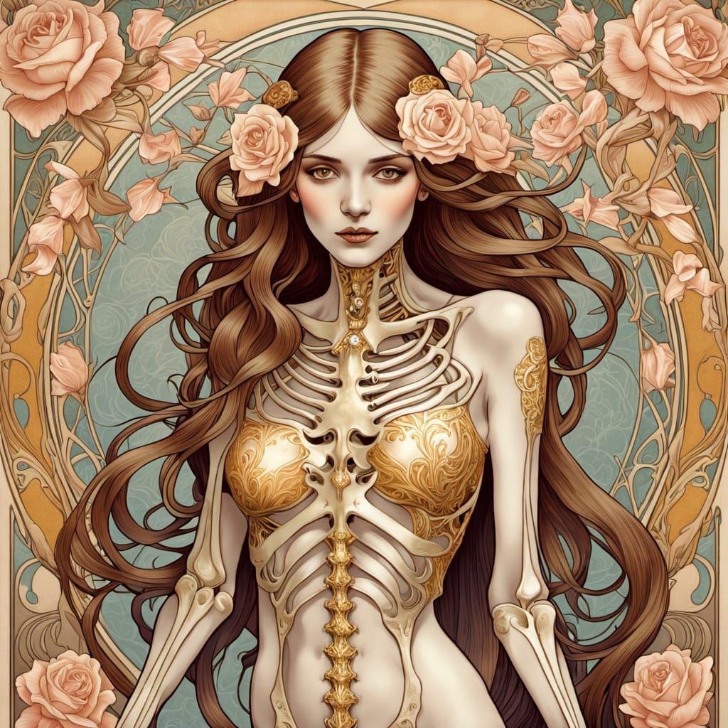 Skeleton Woman in Art Nouveau Style with Floral Motifs