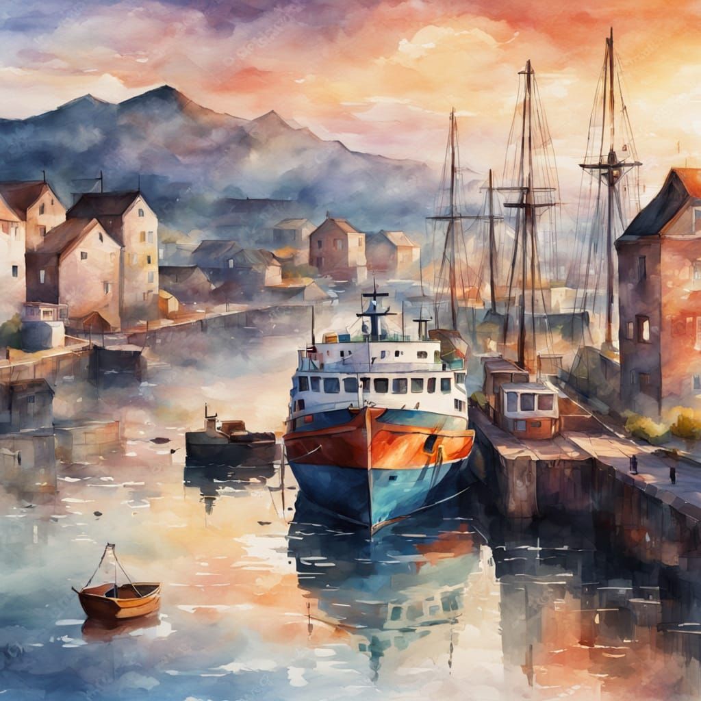 Watercolor Harbor Scene at Sunset