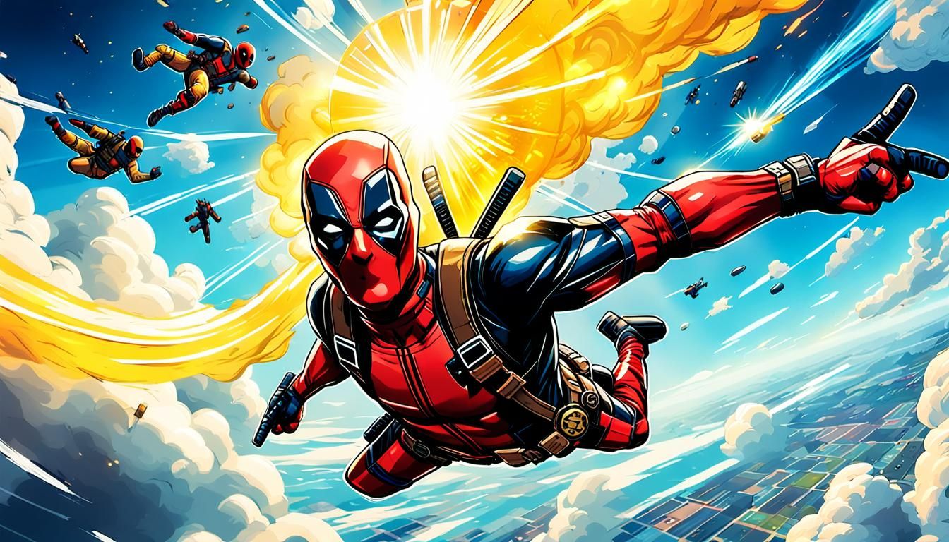 Deadpool Skydiving in X-Force Outfit, Comic Book Style