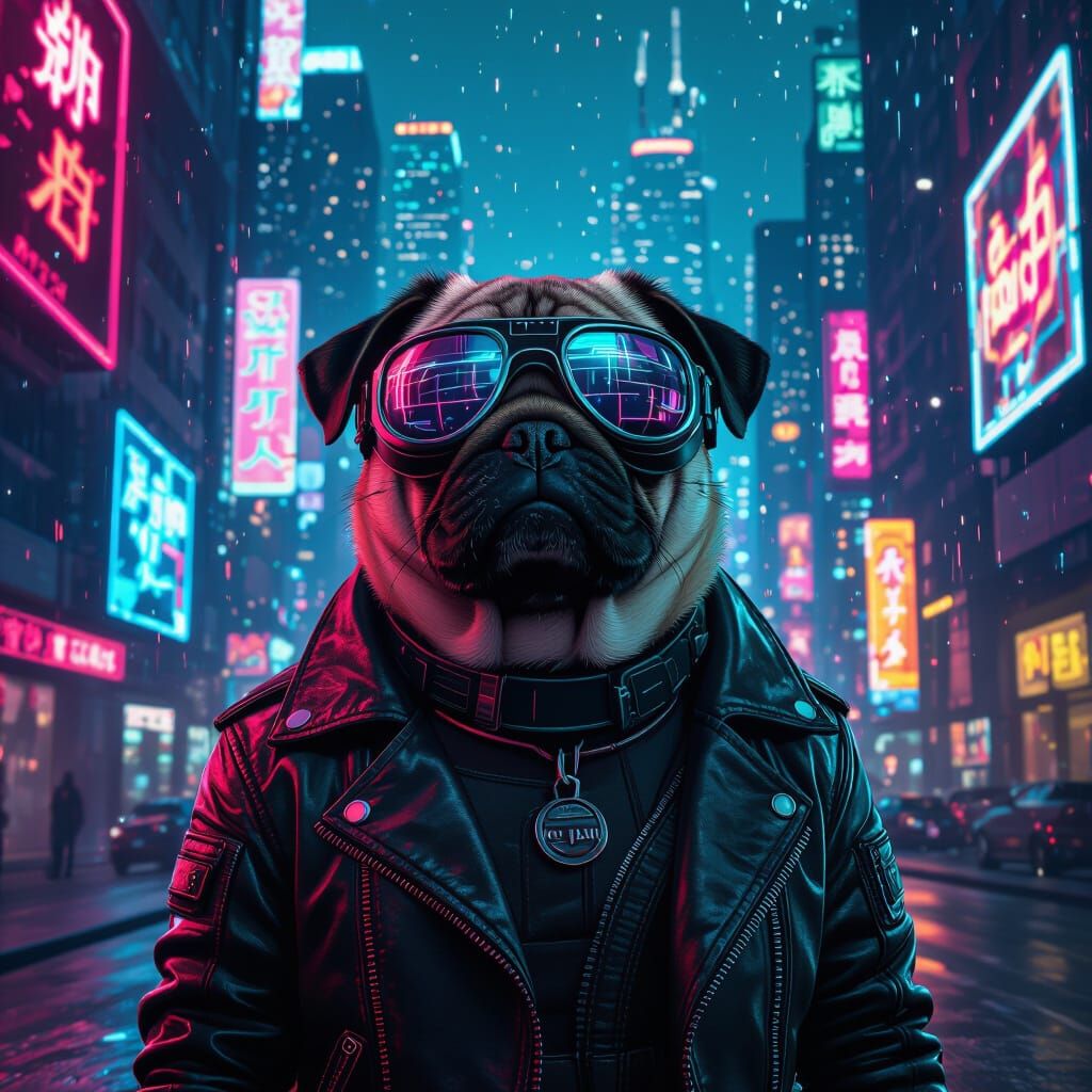 Cyberpunk Pug in Neon Cityscape
