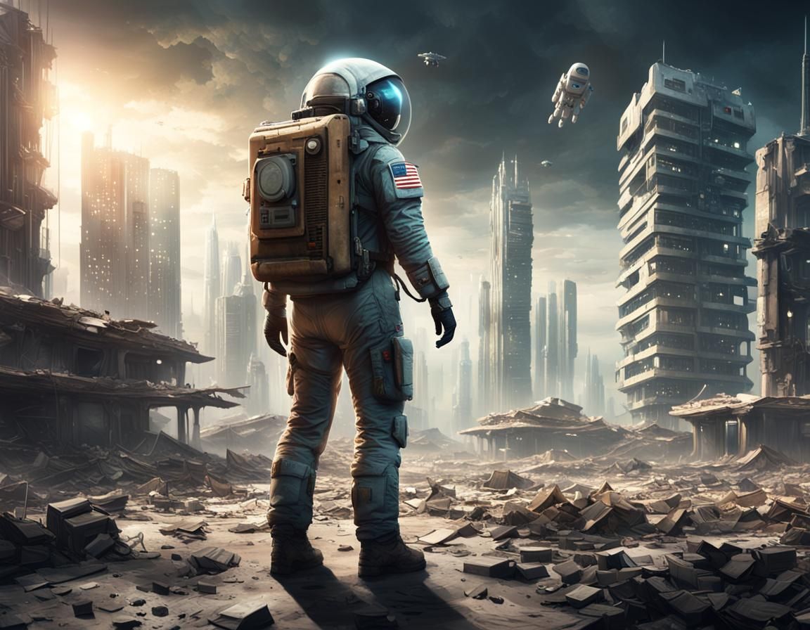 Astronaut in Abandoned Futuristic City with Drone