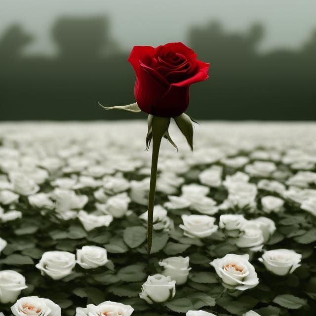 red rose in a field of white roses