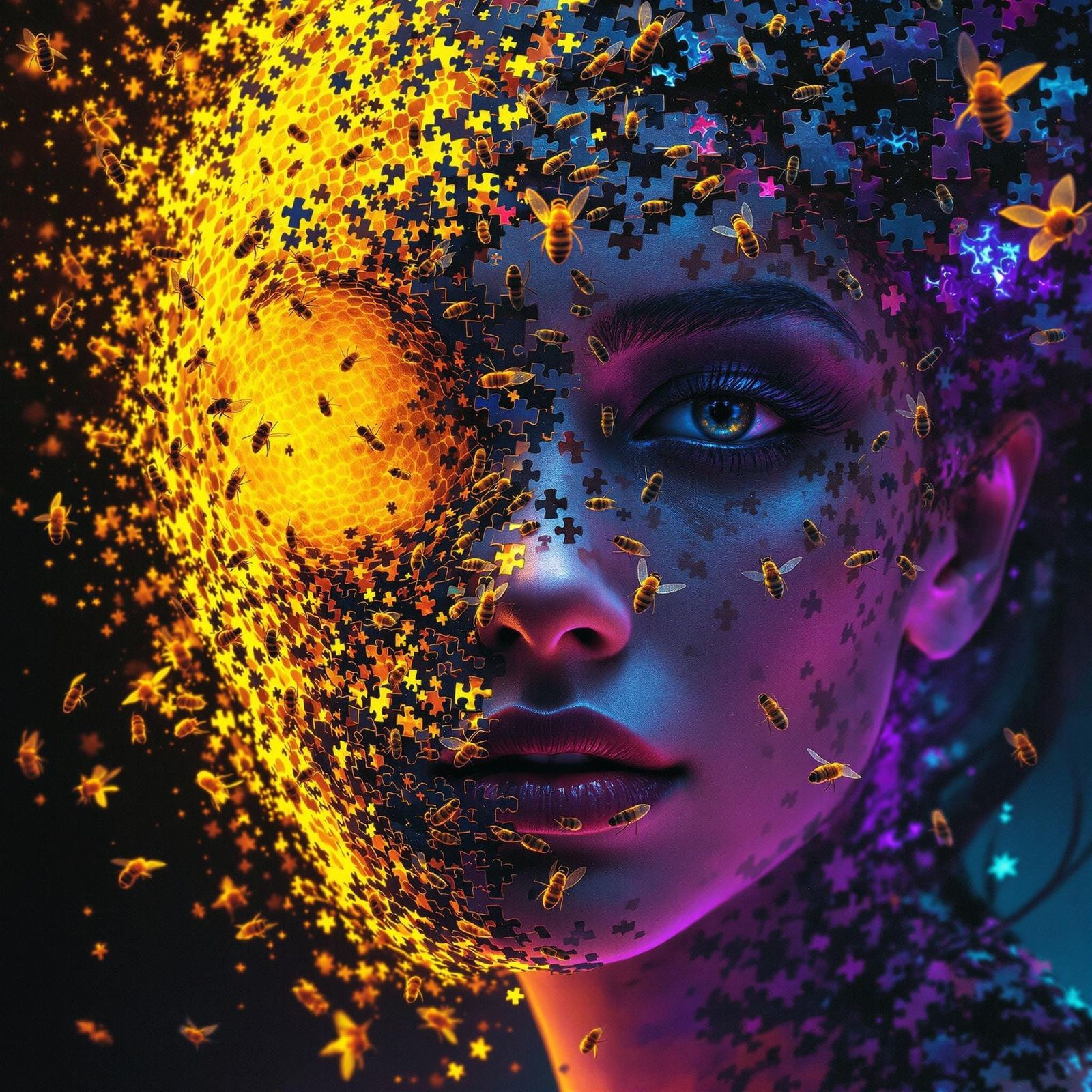 Surreal Woman with Hive and Puzzle Piece Face