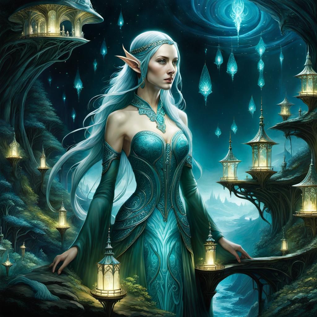 Elven Kingdom of Bioluminescence in Watercolor Style