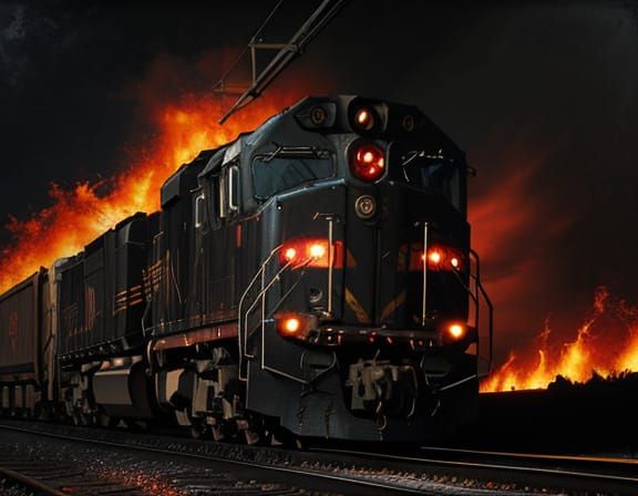 Ominous Fiery Train in Dark Grunge Oil Painting
