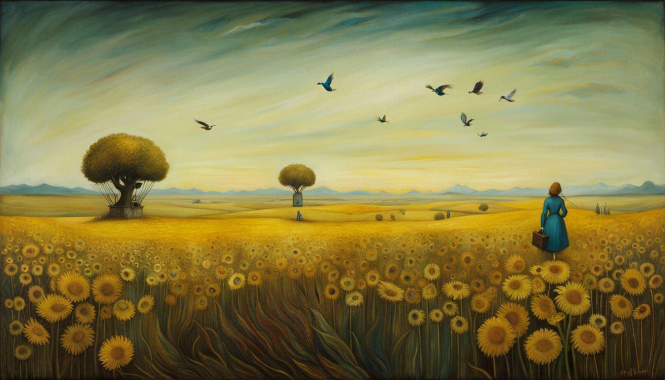 Surreal Figures Fly Over Sunlit Fields