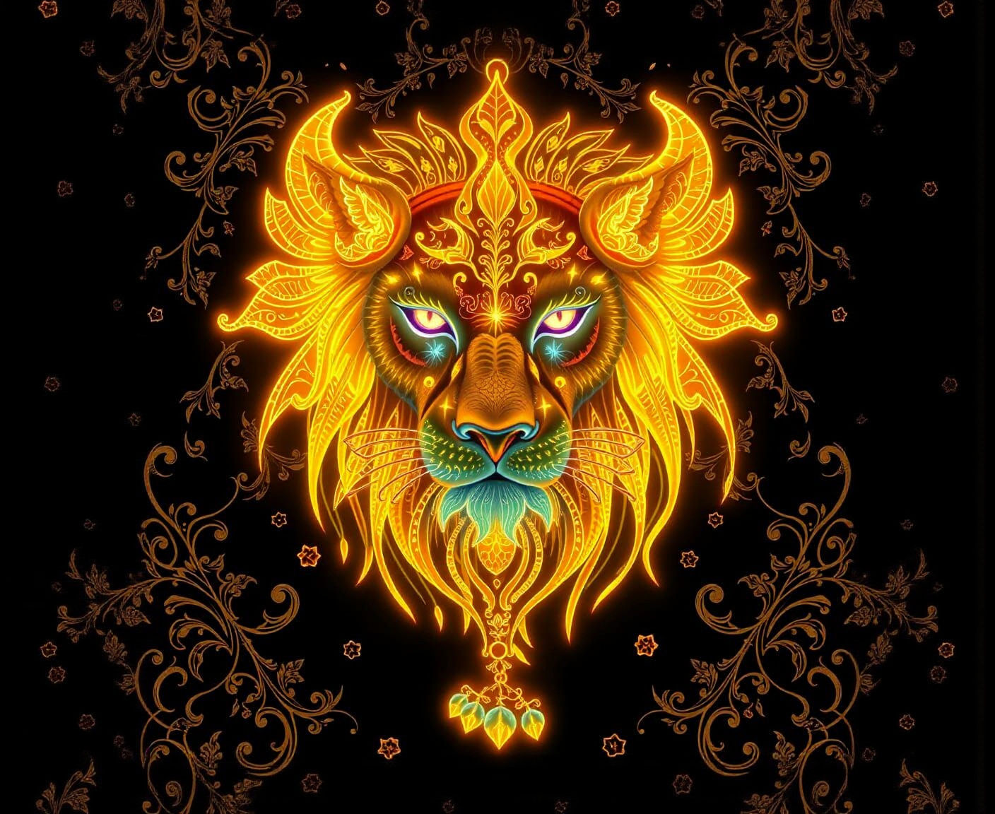 Bioluminescent Ethereal Lion with Golden Filigree