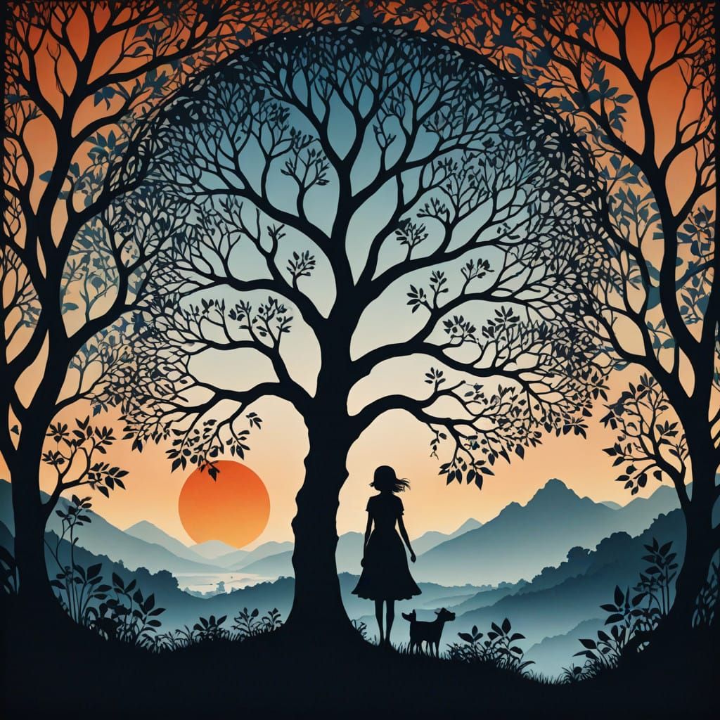 Dreamlike Silhouette Art with Elegant Tree and Ombre Backgro...