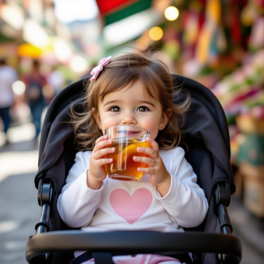 Toddler Enjoying Iced Tea at a Lively Market