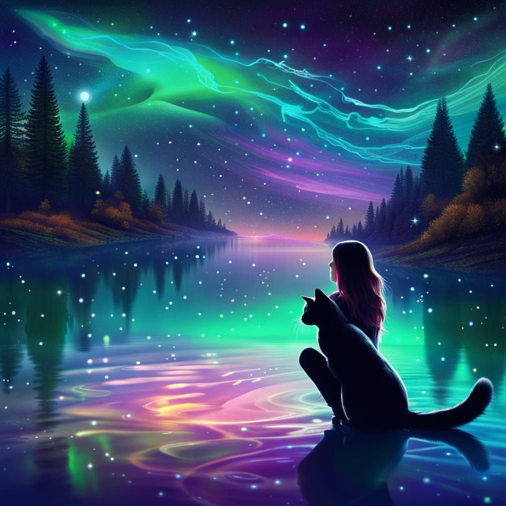 Girl and Cat Watching Aurora Borealis Landscape