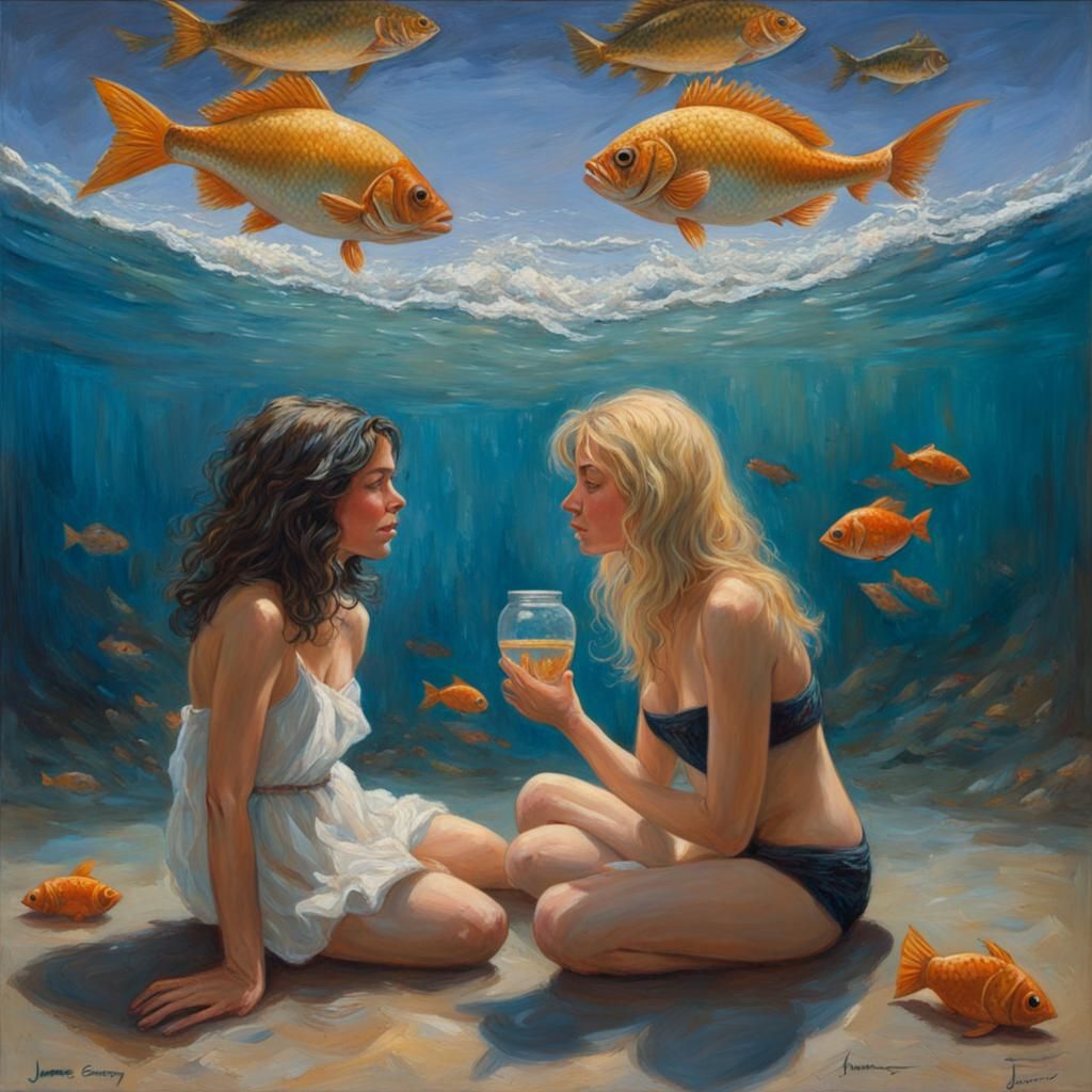 Two Lost Souls in a Fishbowl: Oil Painting