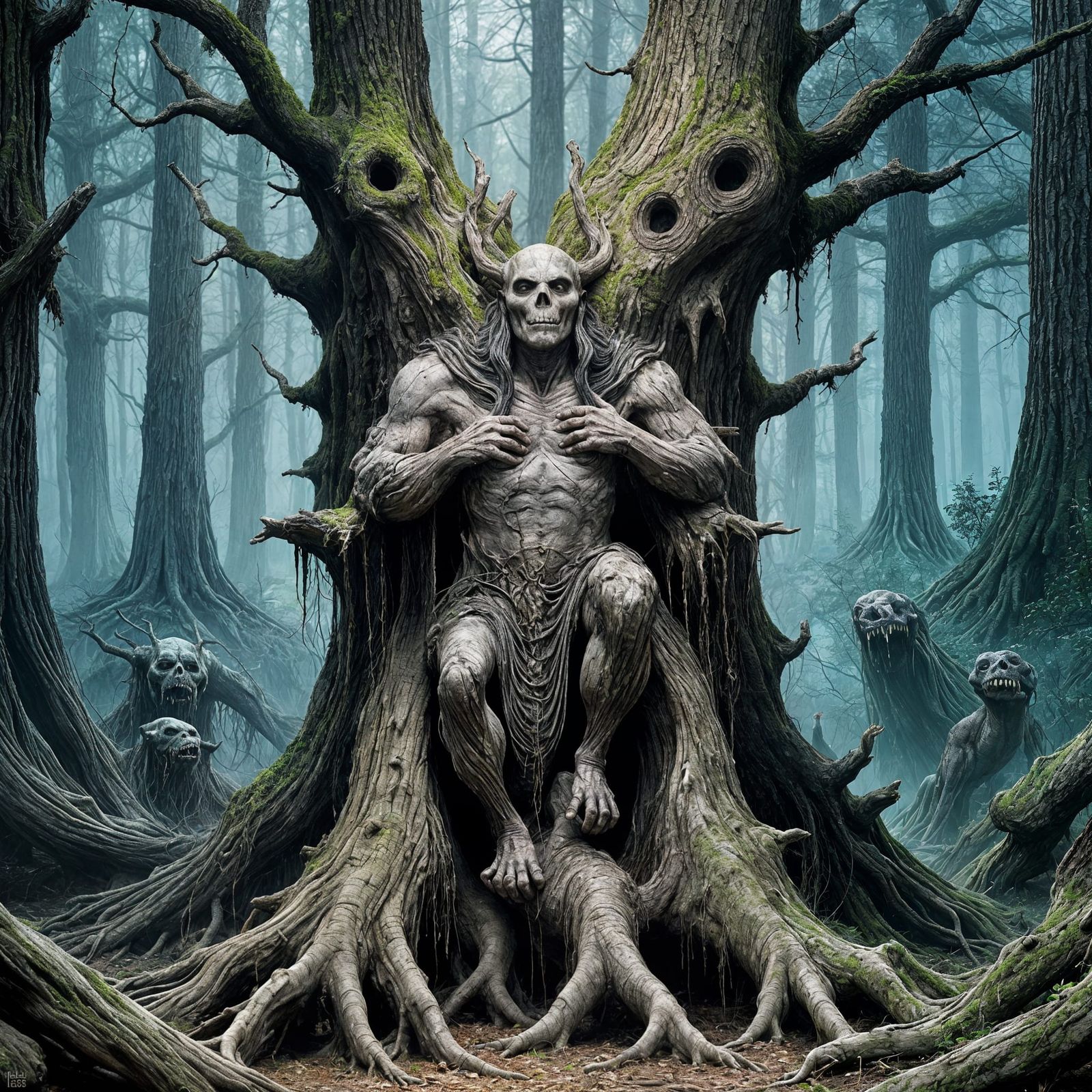 Gnarled Tree Face in Dark Fantasy Landscape
