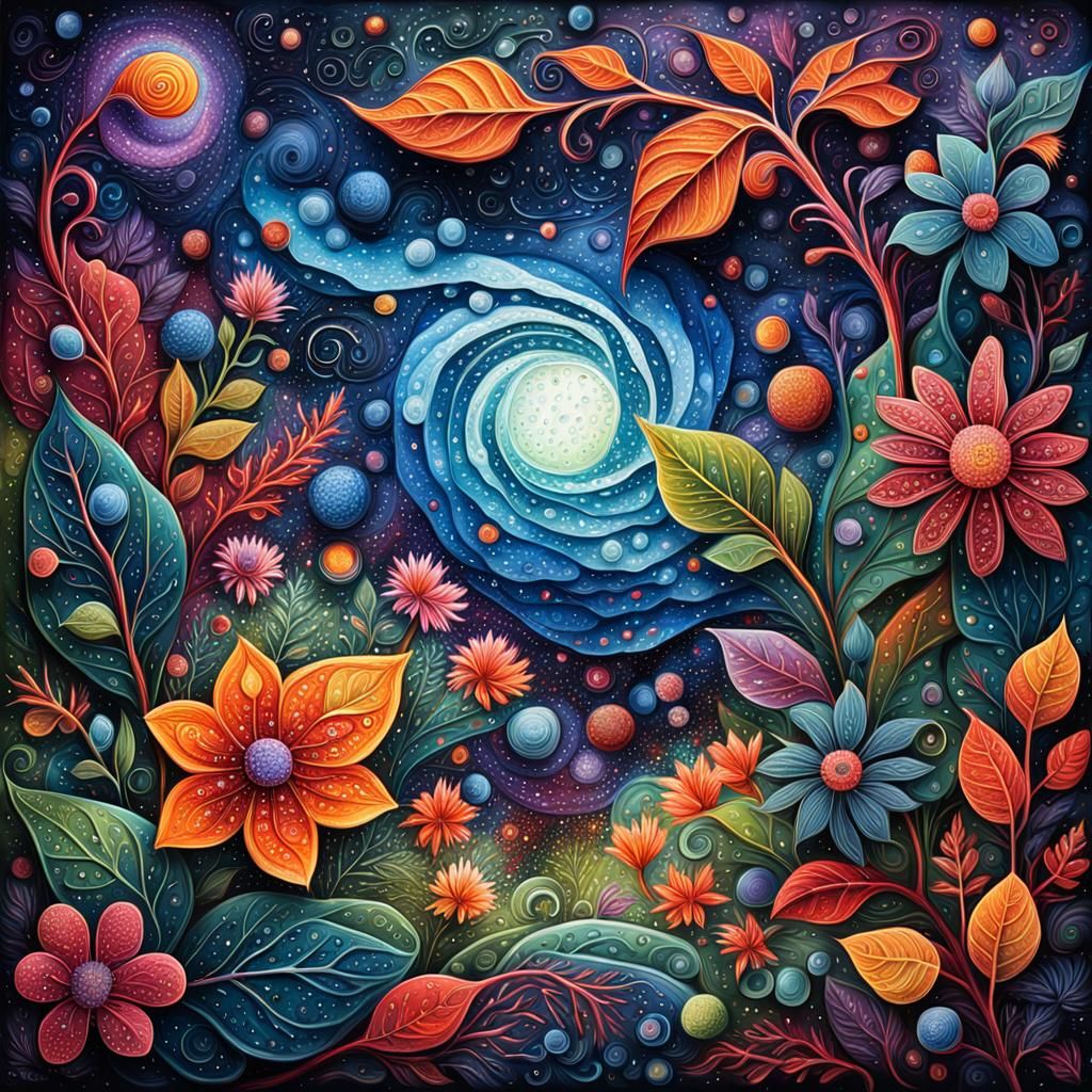 Vibrant Ecosystem in Cosmic Illustration as Mixed Media