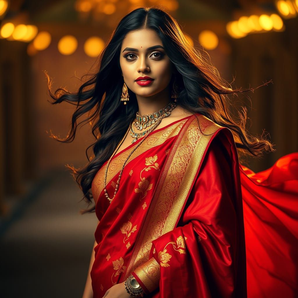 Elegant South Asian Woman in Red Saree