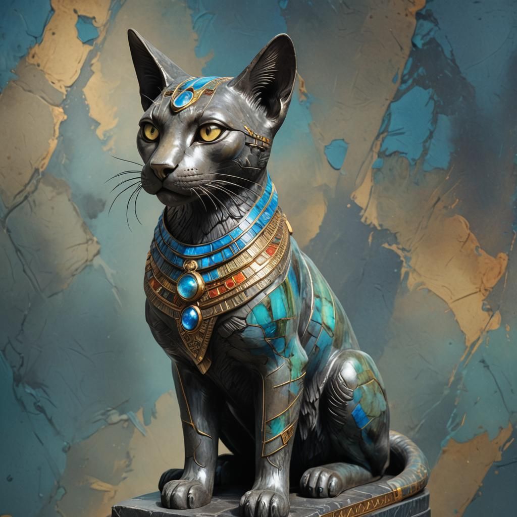 Labradorite Statue of Bastet in Splash Art Style