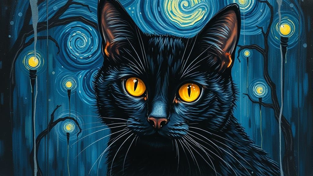 Black Cat in Whimsical Van Gogh-Inspired Night Scene