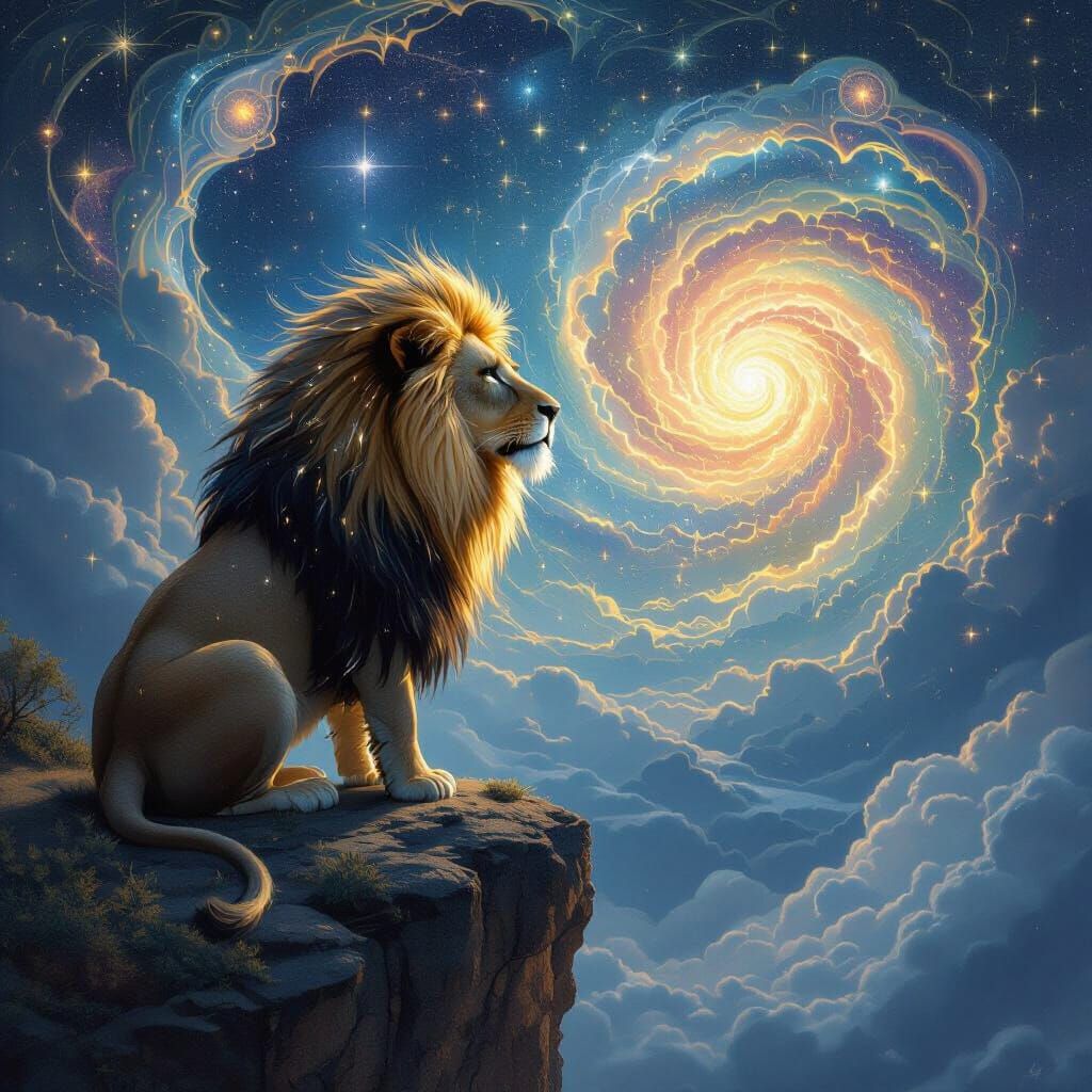 Cosmic Lion with Stardust Mane in Art Nouveau Style