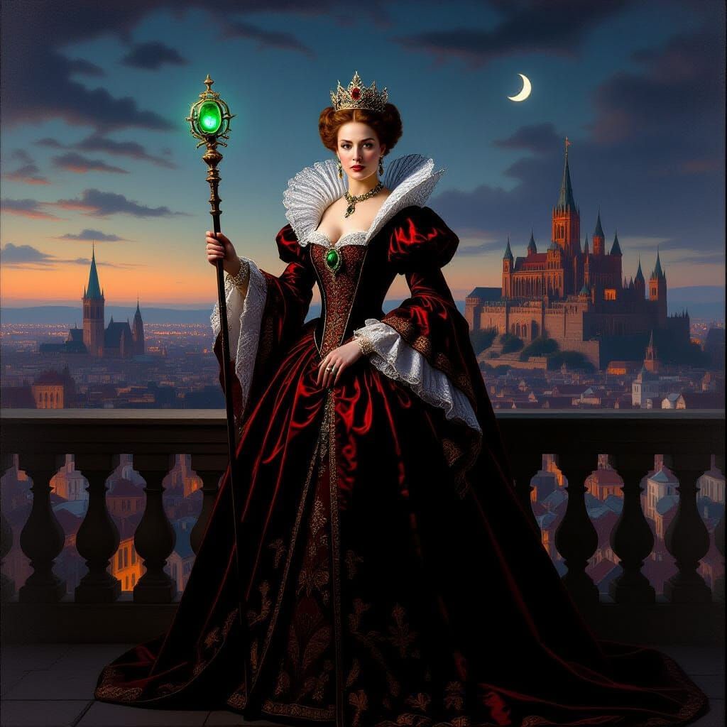 Regal Queen on Balcony Overlooking Medieval City