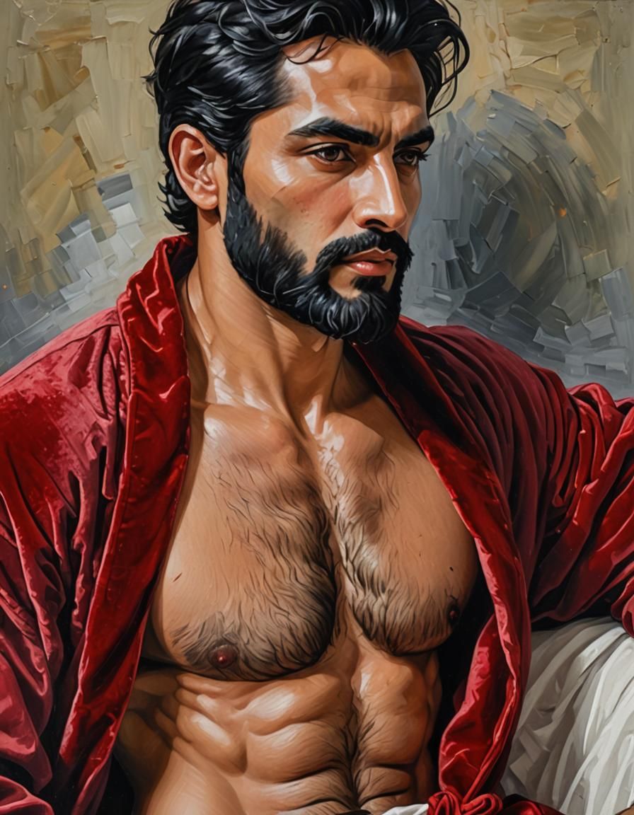 Handsome Man in Red Bathrobe, Neo-Impressionist Oil Painting