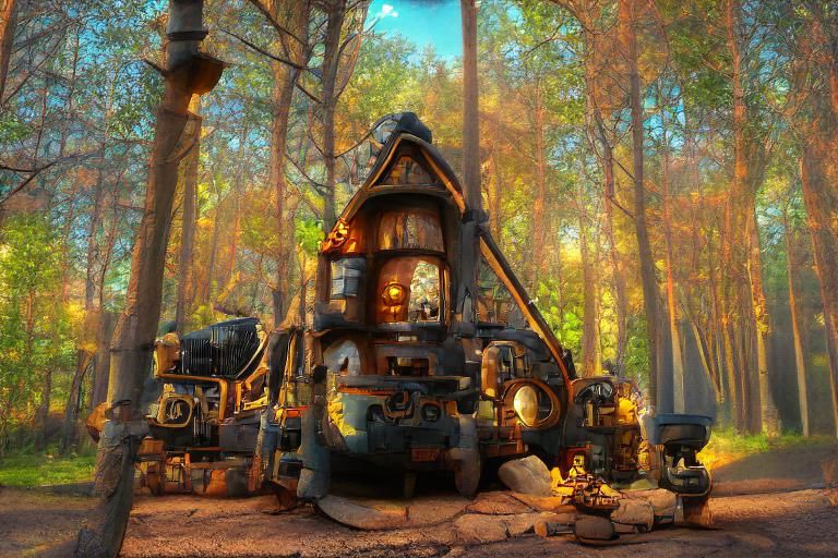 Gnome Steampunk Cottage in Autumn Woods